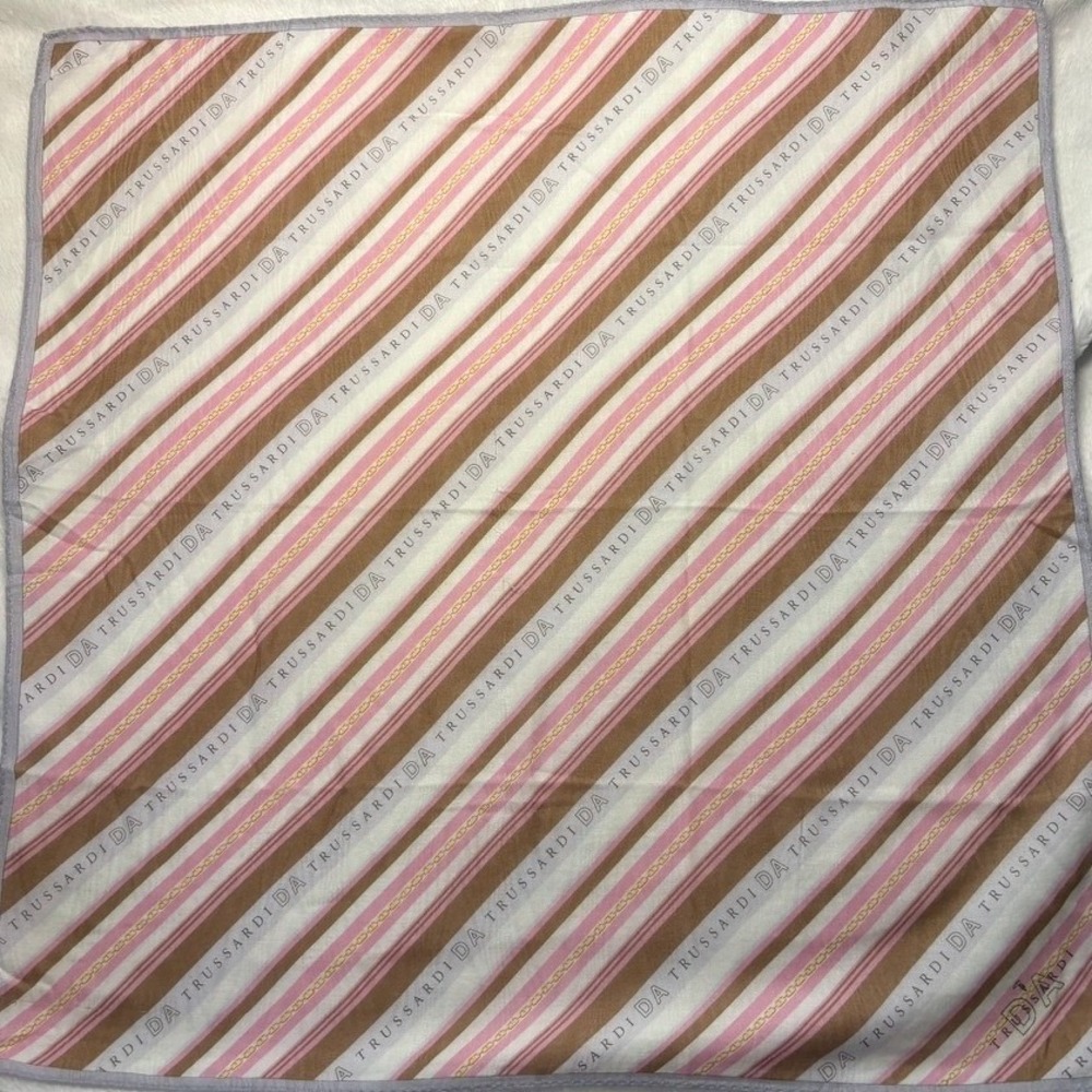 VTG TRUSSARDI Scarf Handkerchief Diagonal Stripe Chain Pink Brown White 19.5in